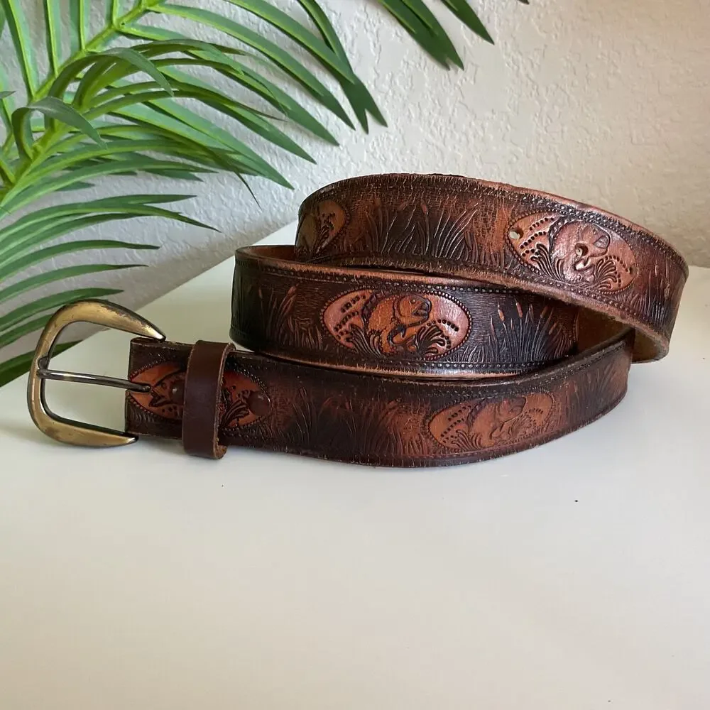 Vintage Brown Leather Western Style Fish Themed Belt 44 inch with Buckle